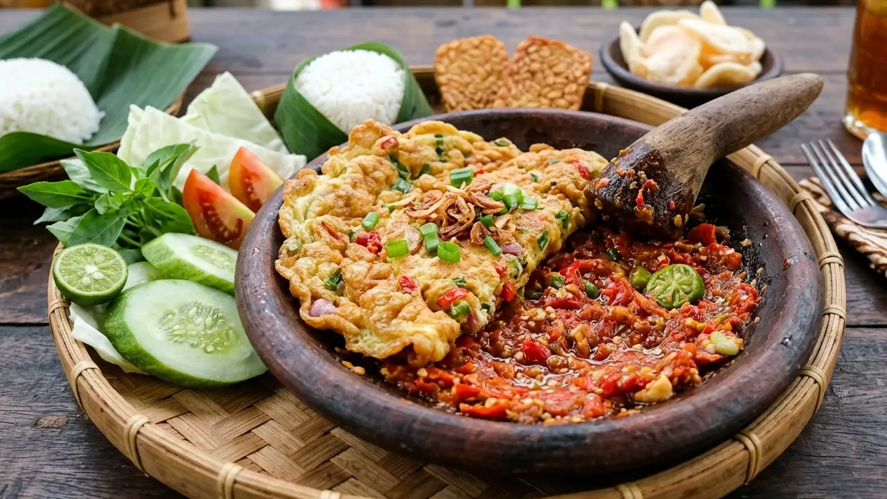 Telur dadar penyet dengan sambal terasi pedas disajikan bersama nasi hangat, lalapan segar, dan kerupuk.